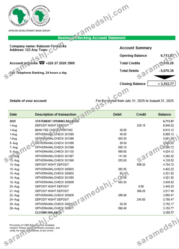 African Development business bank statement Word and PDF format